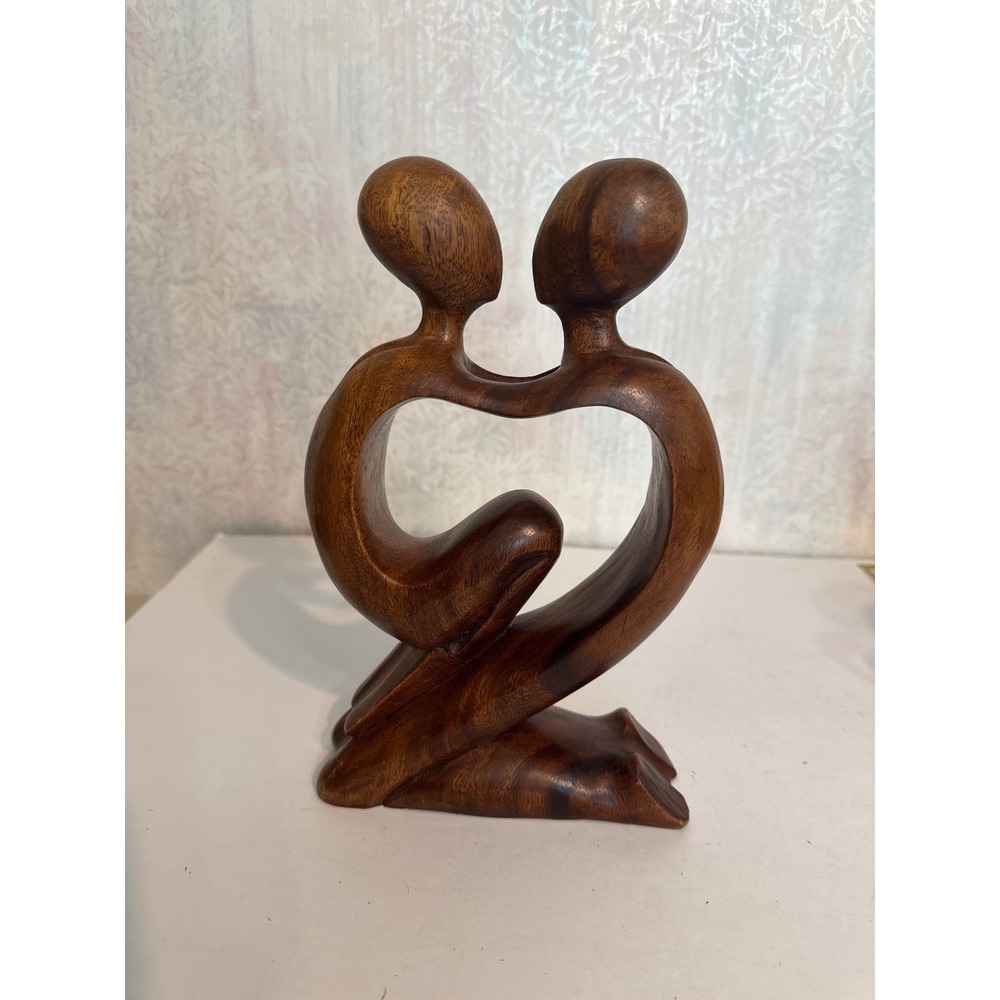 Vintage Abstract Hand Carved Wood Couple Statue Interlocking Heart Sculpture 8in